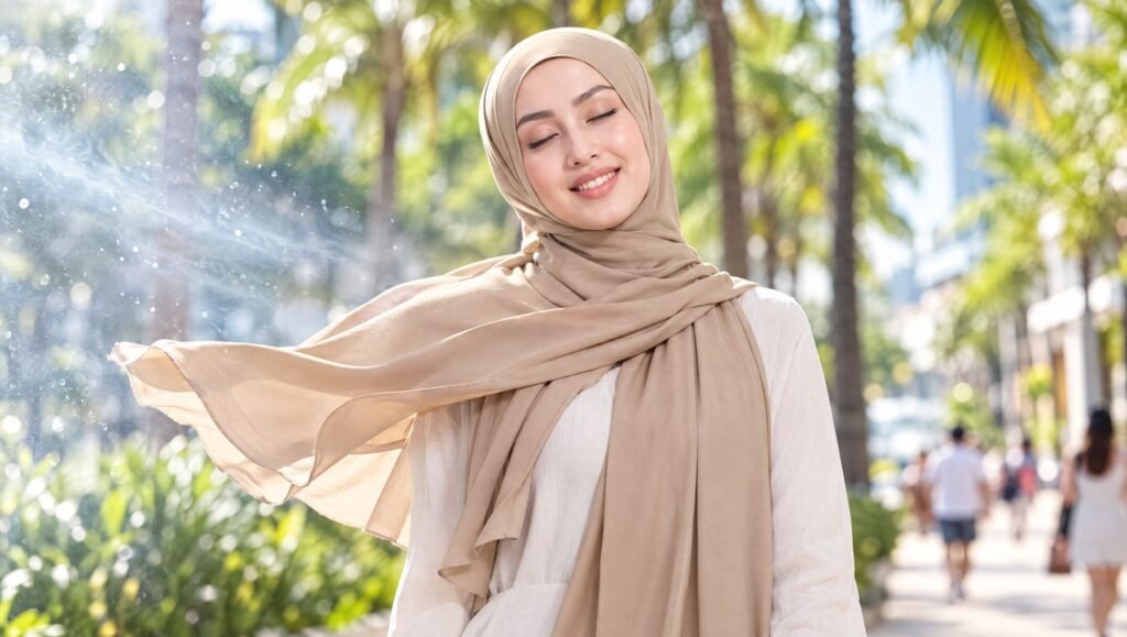 Woman in a champagne hijab with fabric lifting in the breeze