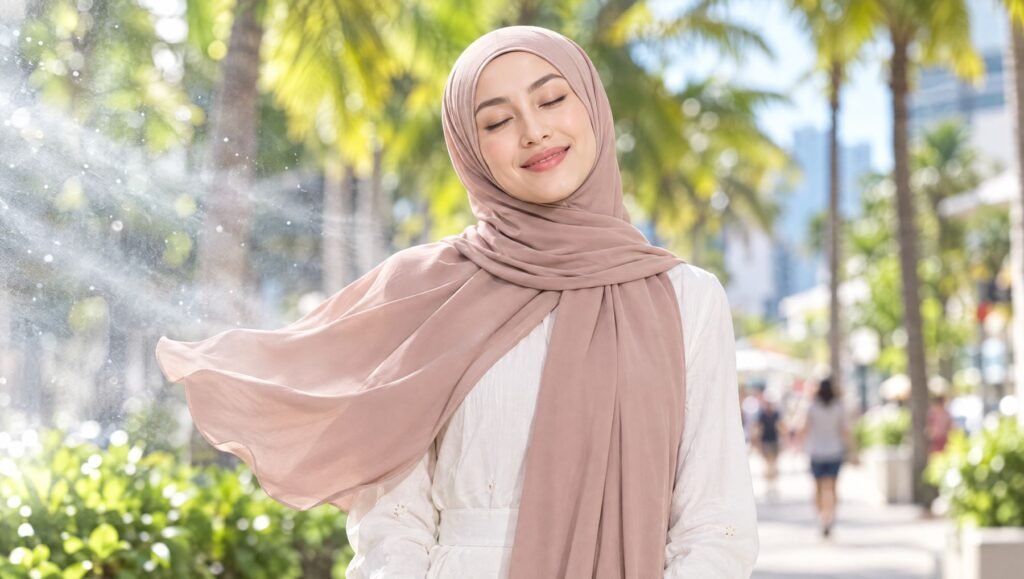 Woman in a dusty rose hijab smiling with eyes closed outdoors