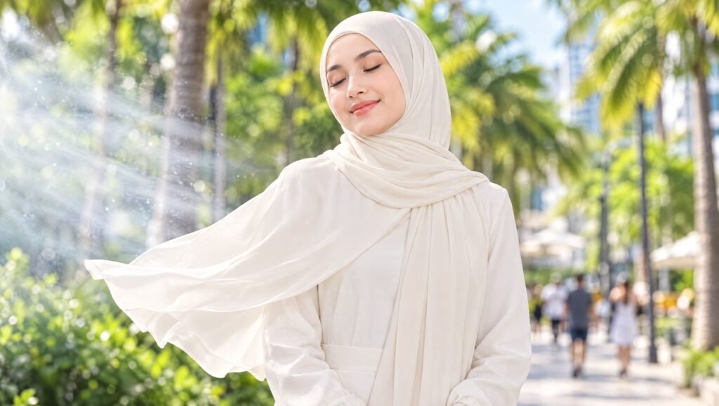 Woman in an ivory hijab on a sunny tropical street