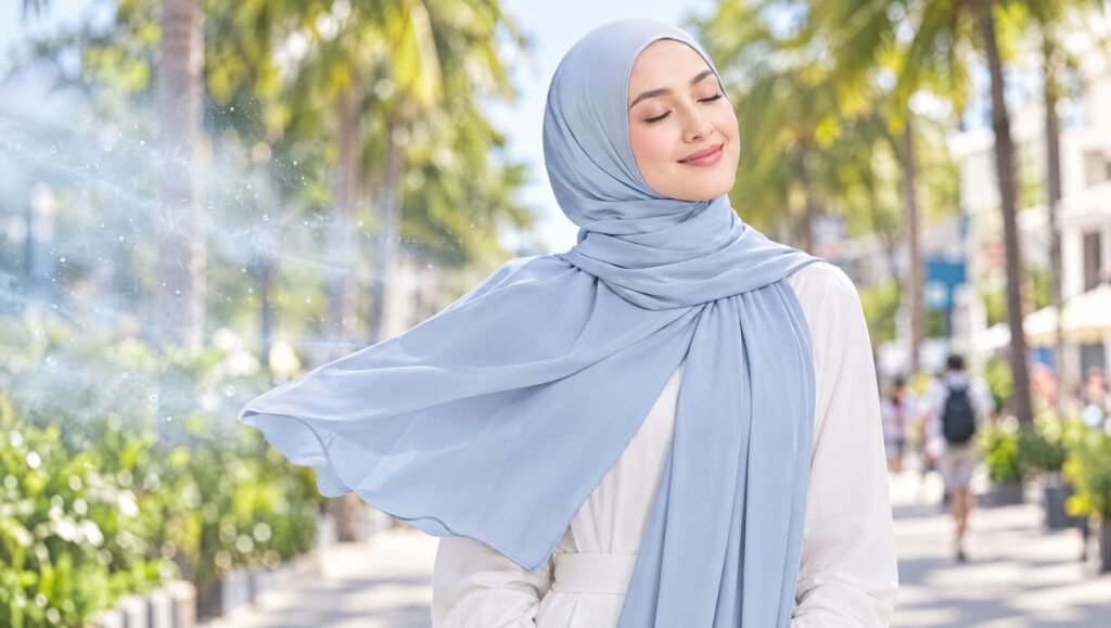Woman in a powder blue hijab enjoying a cool breeze on a palm-lined street