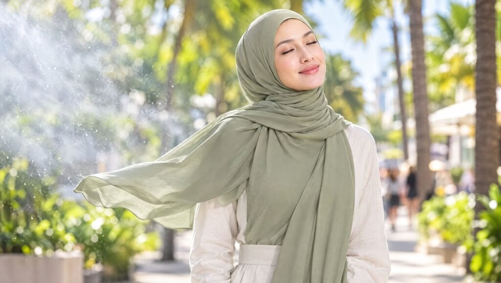 Woman in a sage green hijab relaxing in a cool mist