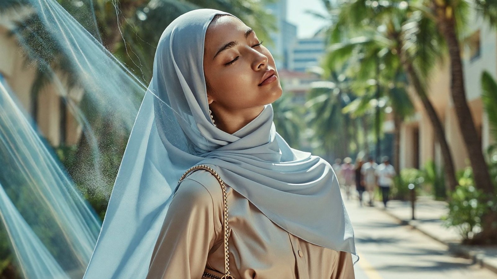Woman in a powder blue hijab tilting her face into a cool breeze on a sunny city street