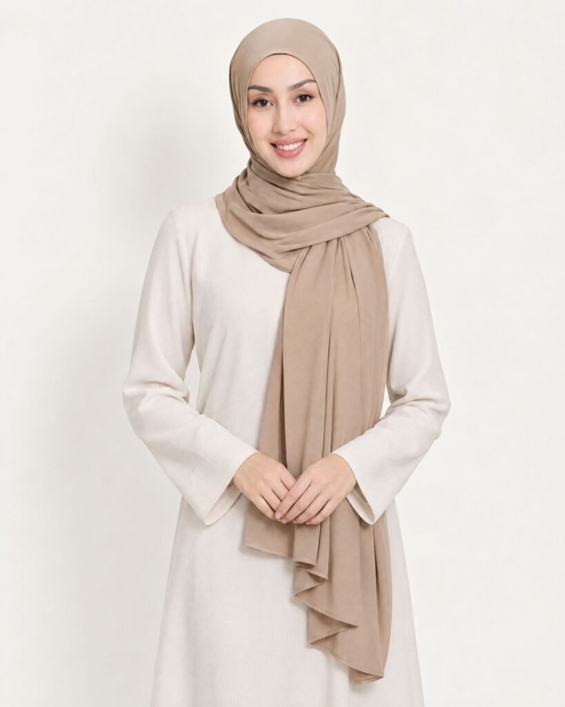 Woman with hands clasped wearing a beige liquid jersey shawl