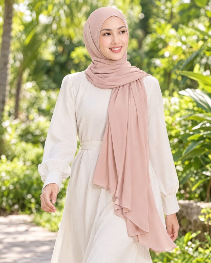 Woman walking through a tropical garden in a blush-pink shawl