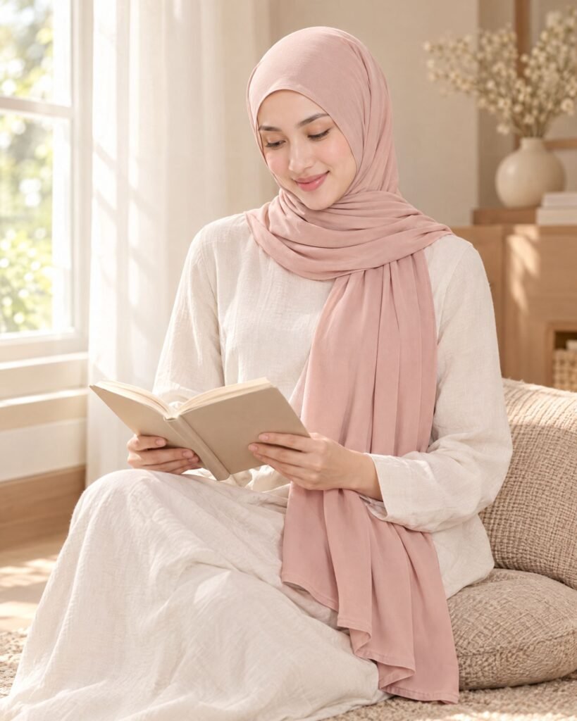 Woman reading at home in a blush hijab