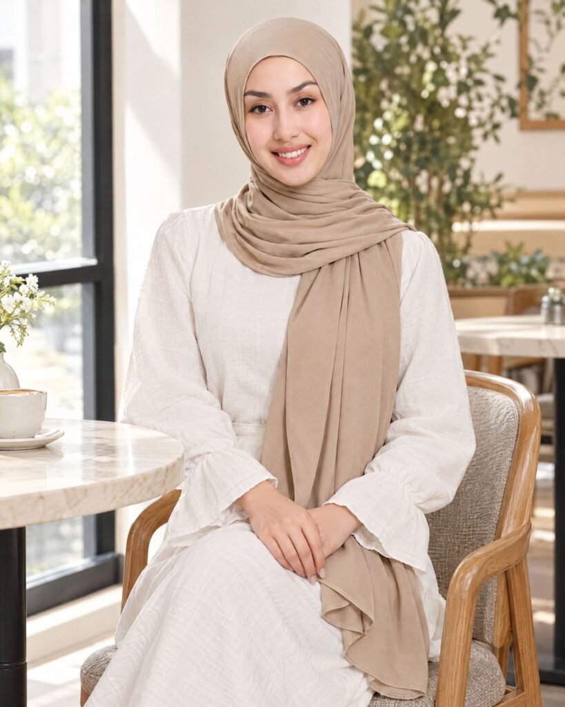 Woman seated in a bright café wearing a soft beige shawl