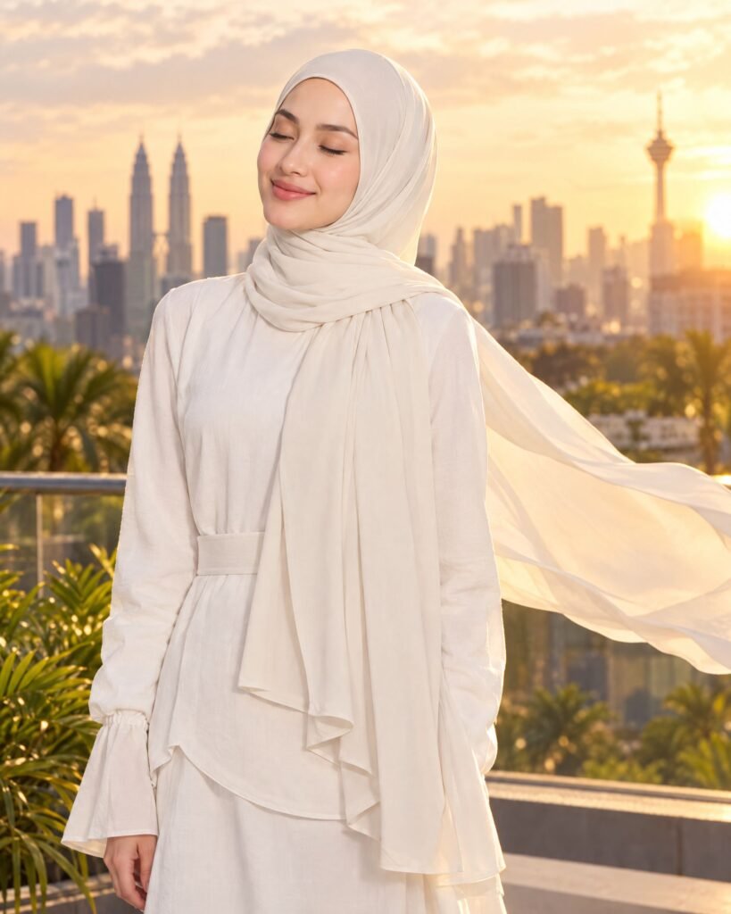 Woman in an ivory hijab at golden hour