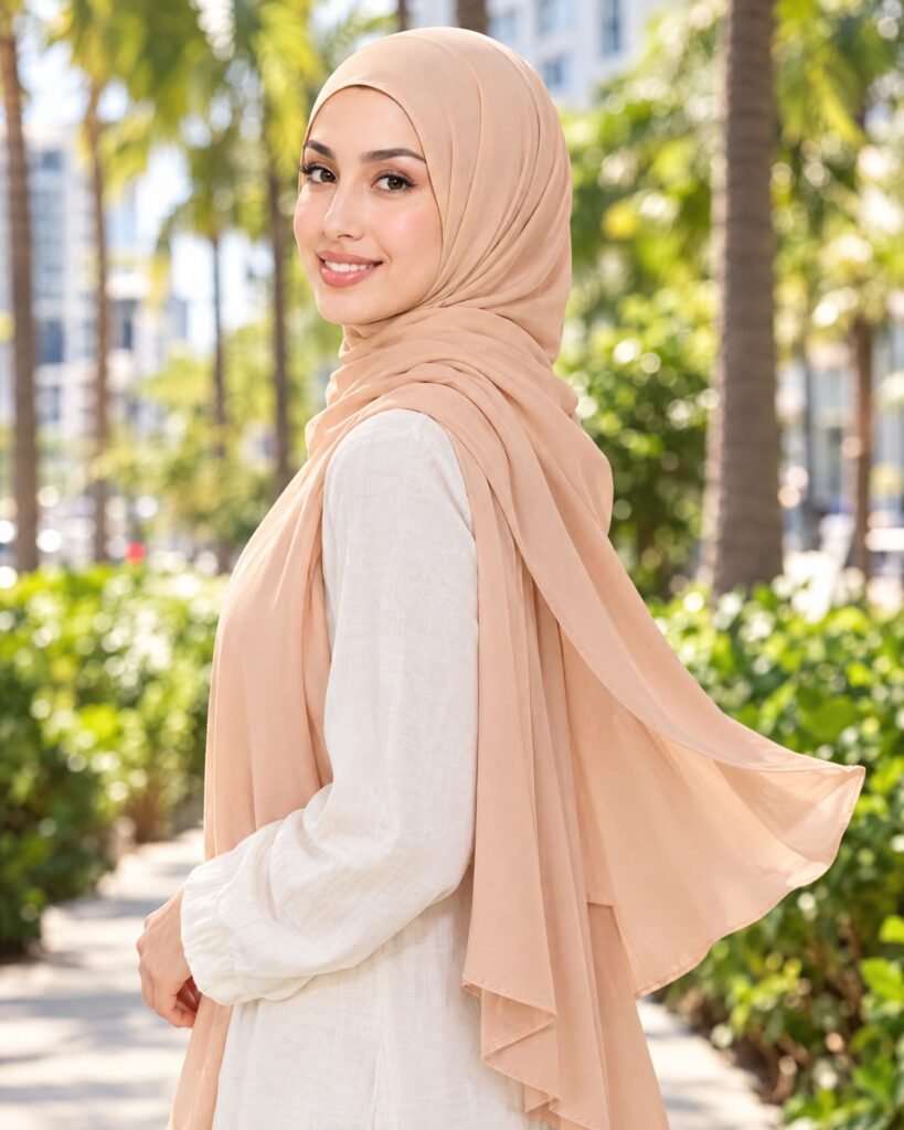 Woman on a palm-lined street in a peach liquid jersey drape