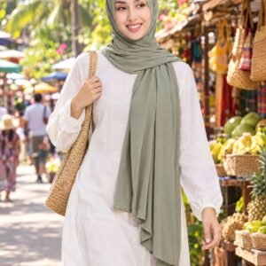 Woman at a fruit market in a sage liquid jersey shawl
