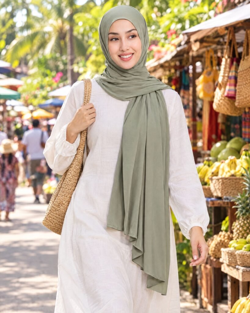Woman at a fruit market in a sage liquid jersey shawl