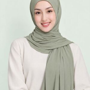 Smiling woman wearing a sage liquid jersey shawl