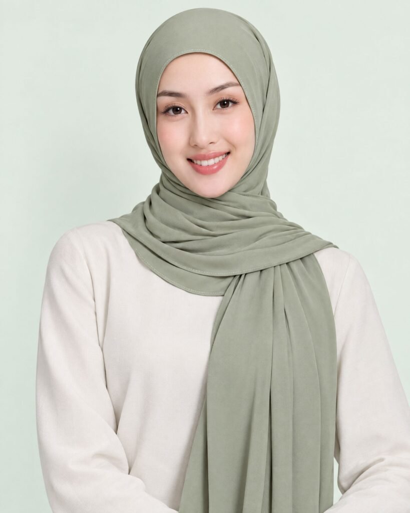 Smiling woman wearing a sage liquid jersey shawl
