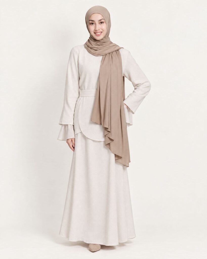 Full-length view of a woman in a flowing taupe shawl
