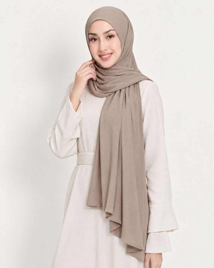 Woman in a polished taupe liquid jersey shawl styled for the office
